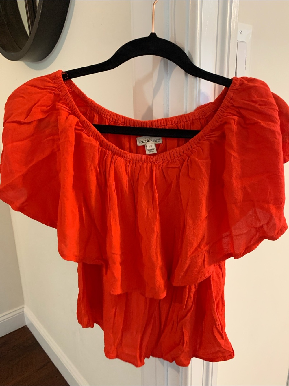 HOLDING HORSES Bright Red Off-Shoulder Ruffle Tunic